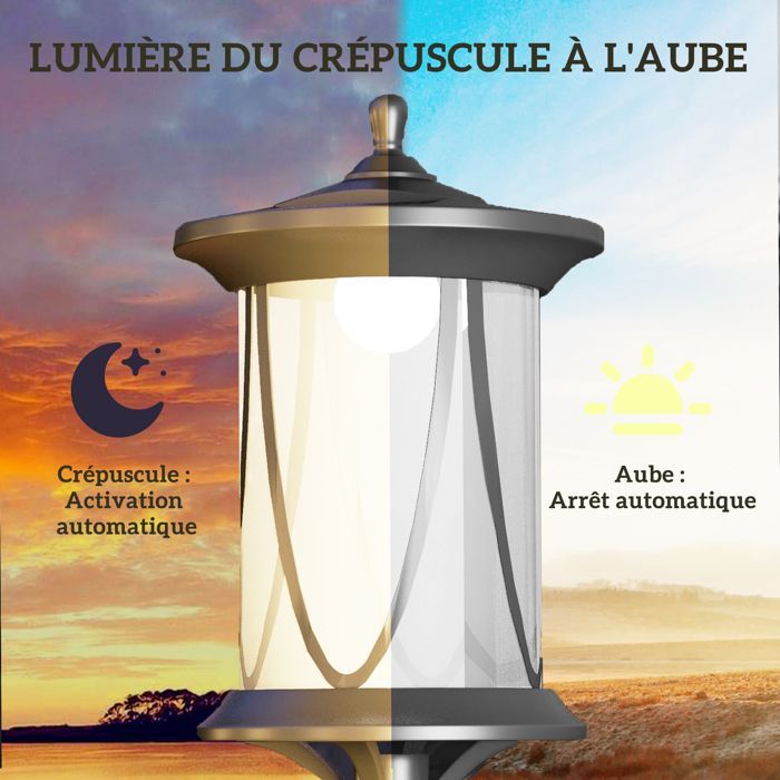 Juego de 2 farolas solares exteriores Outsunny - Lámparas LED - Encendido/apagado automático - 17x17x127cm - Negro
