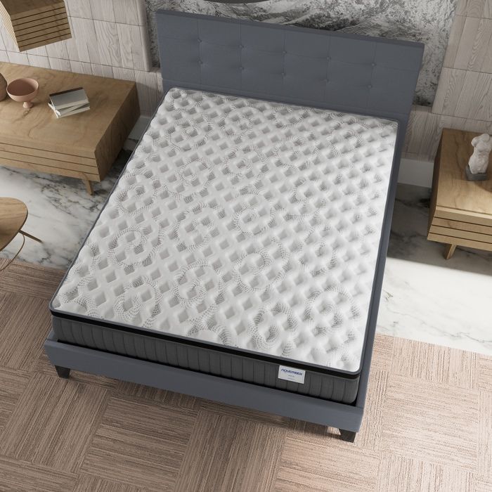 Colchón y cama (140x190cm) - Elekctra 30cm con muelles ensacados y espuma viscoelástica + base de láminas y cabecero tapizados en gris.