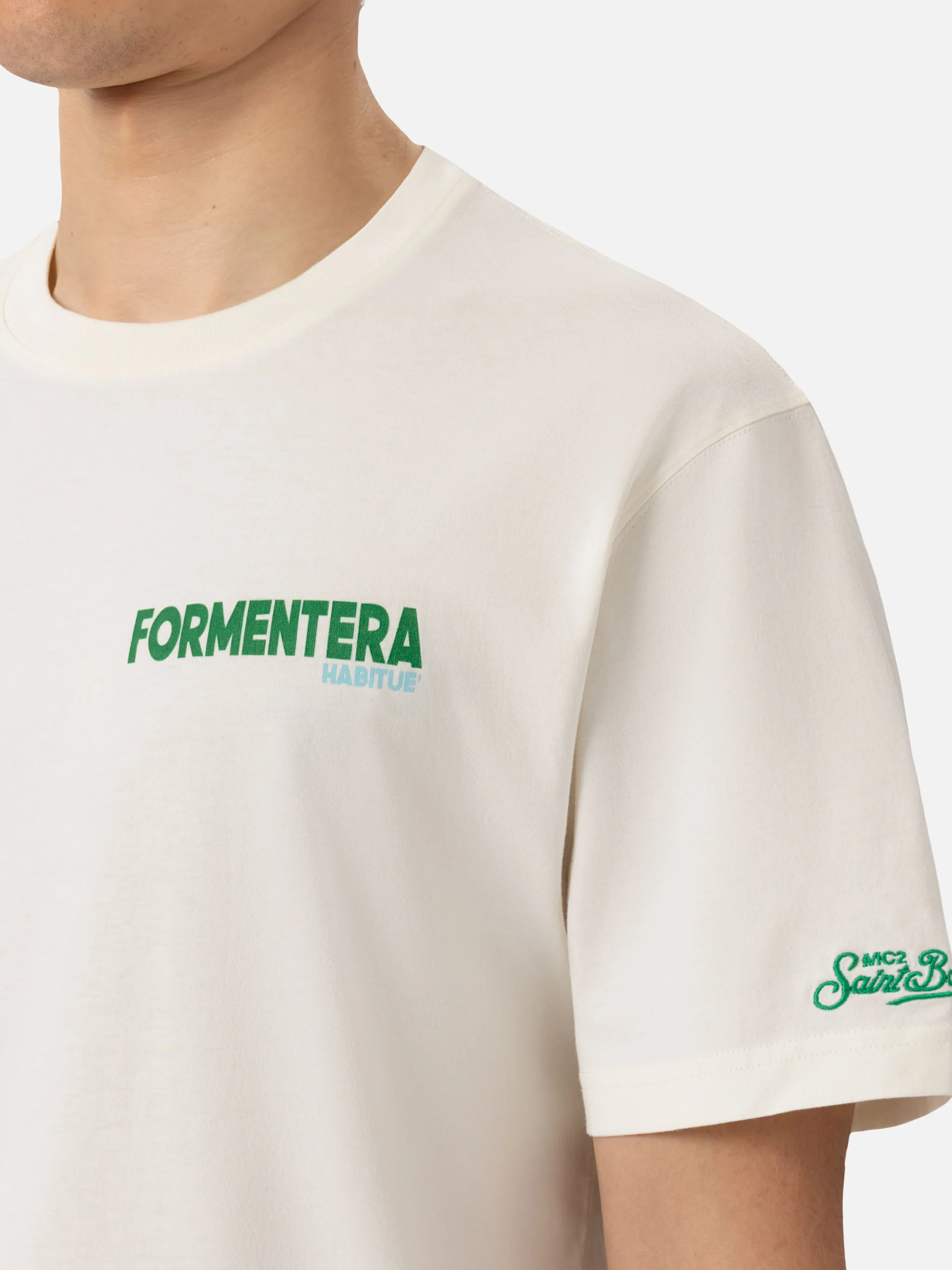 T-shirt voor heren van biologisch katoen met een ansichtkaartprint van Formentera.