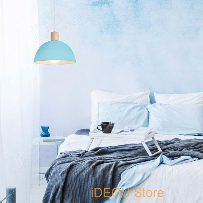IDEGU Retro Hanglamp, Moderne Halfronde Plafondlamp, E27 Fitting, Hout en Metaal, Blauw, Ø 20CM