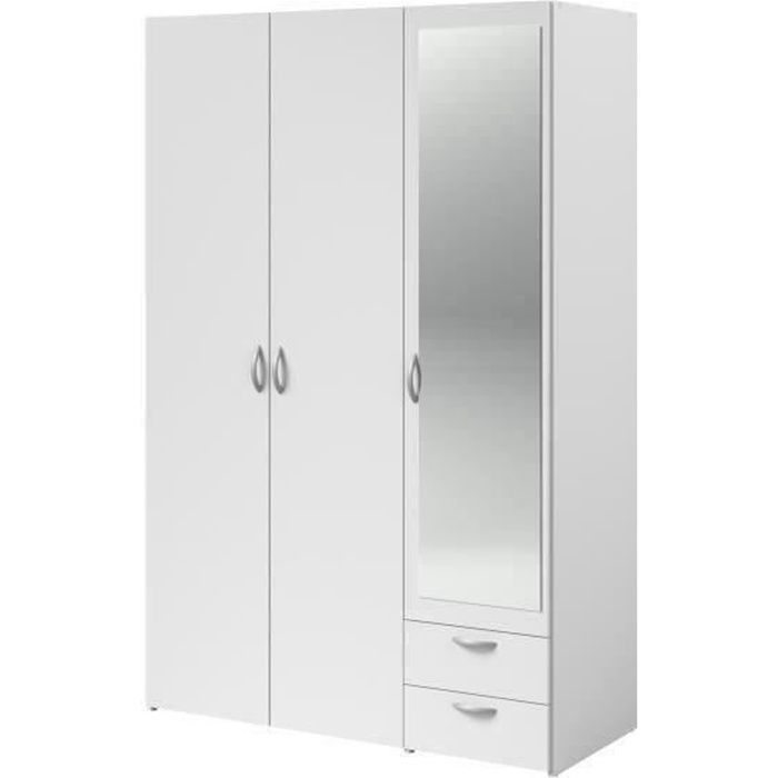 VARIA Wardrobe - White Finish - 3 Hinged Doors + Mirror + 2 Drawers - W 120 x H 185 x D 51 cm - PARISOT