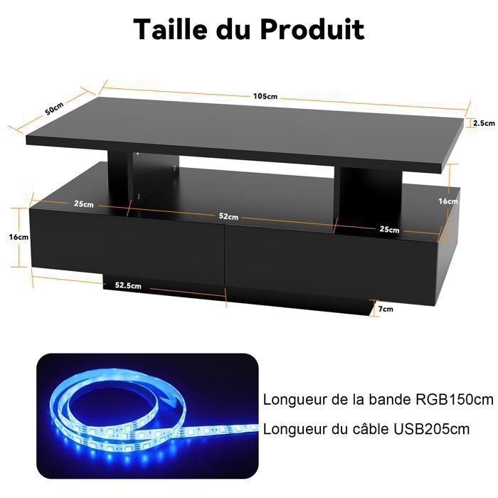 Mesa de centro con luces LED, 2 cajones y 2 niveles de almacenamiento, control remoto, control por aplicación, color negro.