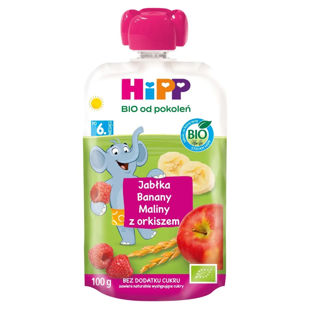 Hipp BIOMus Owocowy Jabłka-Banany-Maliny z Orkiszem Po 6 Miesiącu