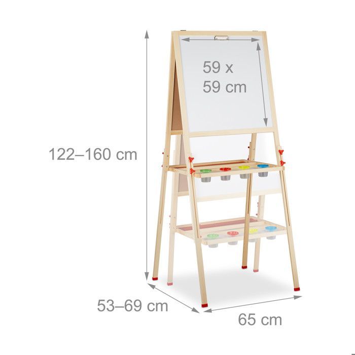 Relaxdays Kinderschildersezel met verstelbare hoogte en magneet, gemaakt van hout, wit met krijtbord, 122-160 x 65 x 69 cm, naturel