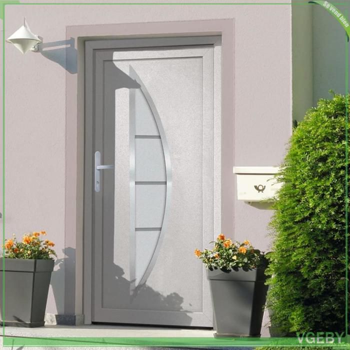 Puerta de entrada de PVC blanco de 98x208 cm con acristalamiento arqueado, cerradura de 5 puntos y umbral de aluminio.