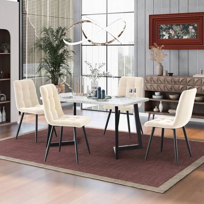 Set tavolo da pranzo 117×68 cm con 4 sedie - Set moderno tavolo e sedie per cucina/soggiorno - Sedie in velluto beige
