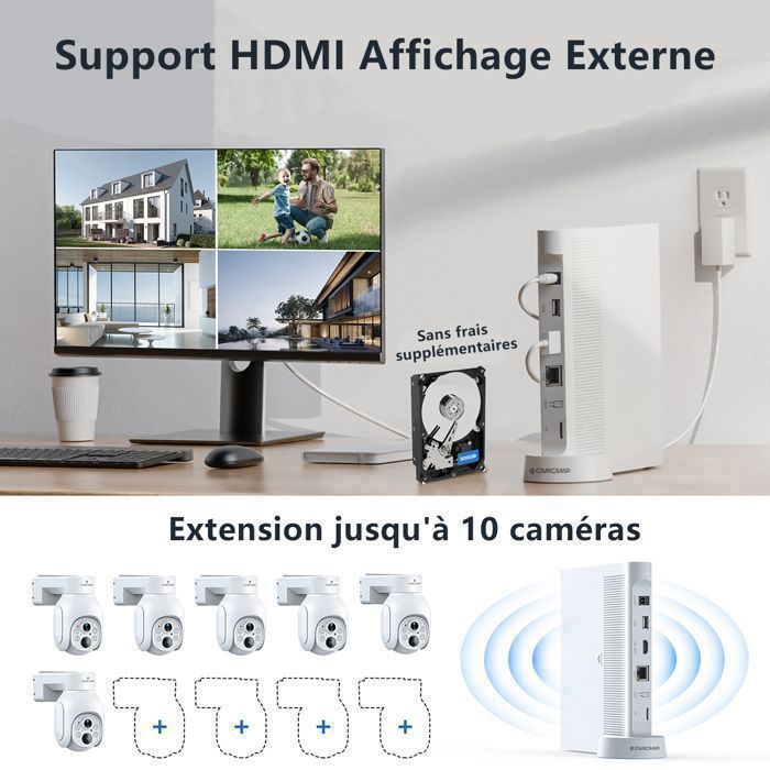 Kit de câmera de segurança externa sem fio CAMCAMP 4MP com Wi-Fi, bateria solar, 10 canais, NVR, classificação IP66, visão noturna e áudio bidirecional.