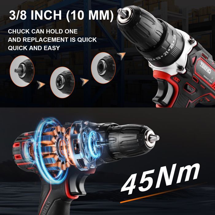 Cordless Drill Driver - TEENO - 21V Drill Driver - 45 Nm - 2 Speeds - 2x2.0Ah