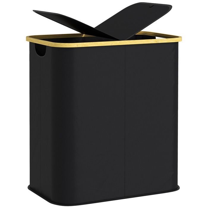 Cesto de ropa - HOMCOM - doble plegable 80 L - tapa - asas acanaladas - negro