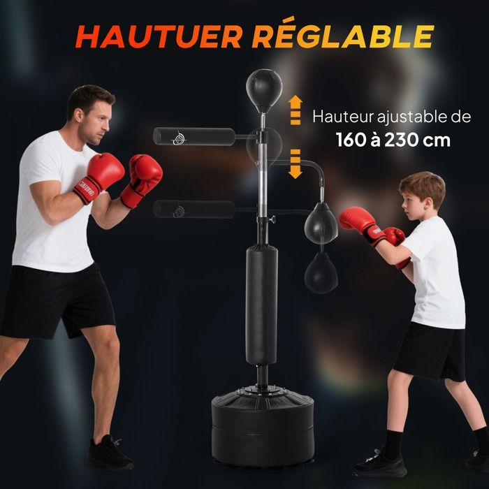 Saco de boxeo independiente - HOMCOM - Bola de boxeo 4 en 1 con barra giratoria de 360°, altura ajustable de 160 a 230 cm - Acero - Negro