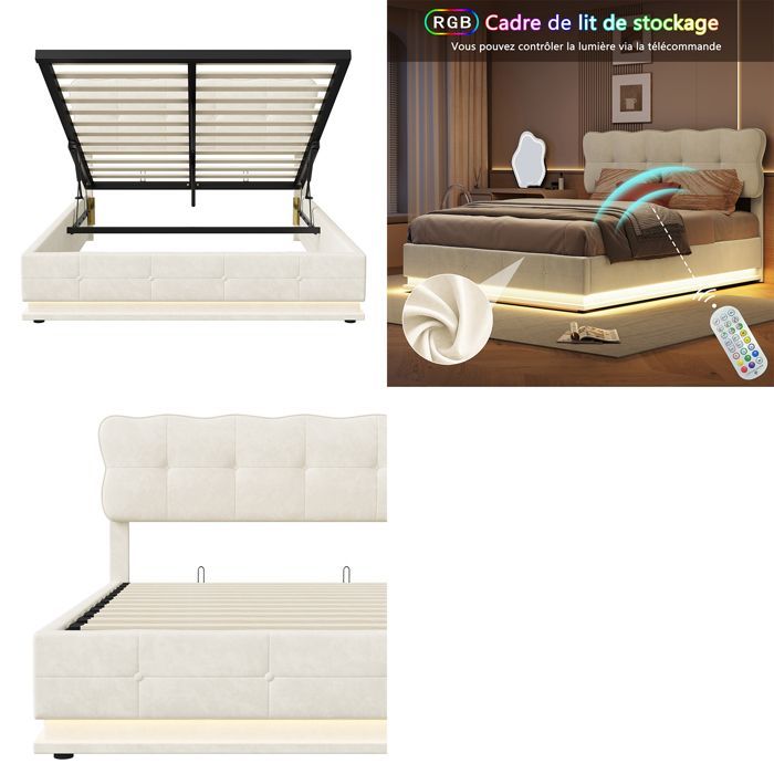 Lit 140x190 cm - LED - tissu en velours - cadre de lit adulte - beige