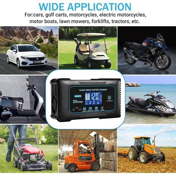 Cargador de batería inteligente de 20 A y 12 V/24 V, cargador de batería para coche, cargador mantenedor de batería automático