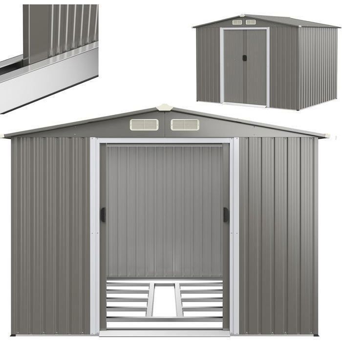 Caseta de jardín metálica de 4,74 m² - RELAX4LIFE - 260x207x181 cm - Chapa de acero galvanizado - 8,59 m³ - Puerta corredera doble - Gris claro
