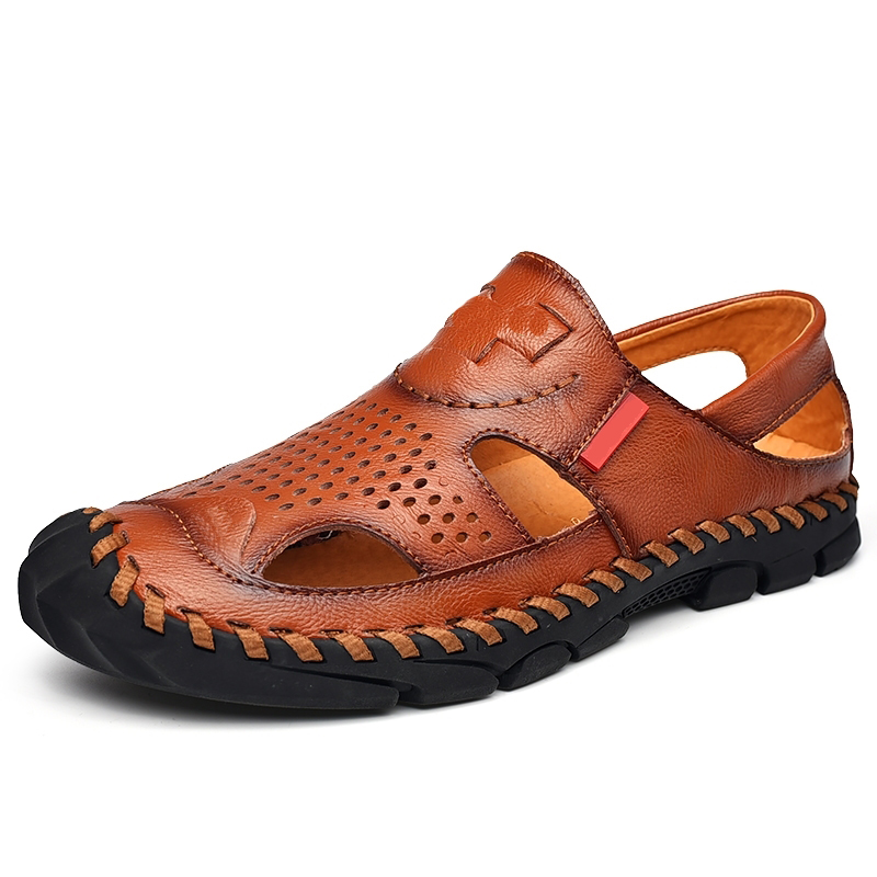 Sandali da uomo in pelle Summer Hollow, sandali da trekking per esterni da uomo, sandali da spiaggia di lusso da uomo, scarpe in pelle cucite a mano da uomo