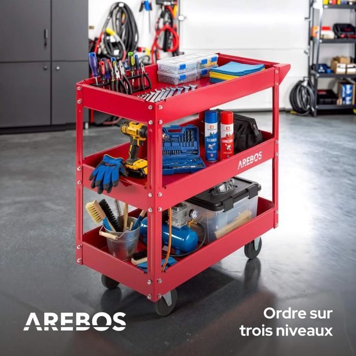 Carro de taller AREBOS de acero reforzado con 3 niveles de almacenamiento, capacidad de 120 kg, ruedas giratorias y fácil montaje.