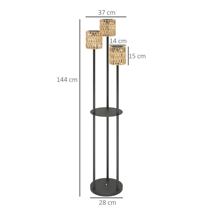 Luminária de chão solar para exterior Outsunny - 3 lâmpadas com sensor e prateleira - estilo boémio - resina trançada - Ø37 x 144 cm - amarela