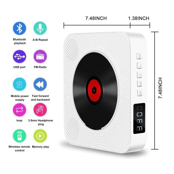 Reproductor de CD portátil - PIMPIMSKY - Bluetooth de pared - Radio FM - Altavoces HiFi - MP3 USB