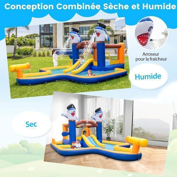 GOPLUS 7-in-1 Inflatable Castle for Children Ages 3-10, Water Play Area with Blower - Pool/Slide/Boxing Game/Water Cannon - Weight Capacity 45+45KG