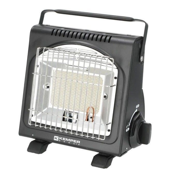 Calentador de gas portátil piezoeléctrico KEMPER de 1700 W con cartucho, sistemas de seguridad integrados y 2,5 horas de autonomía.