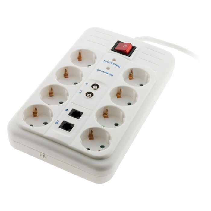 Regleta Schuko de 8 tomas con funciones de FILTRO, TV, ADSL y FAX - Blanca - Zenitech