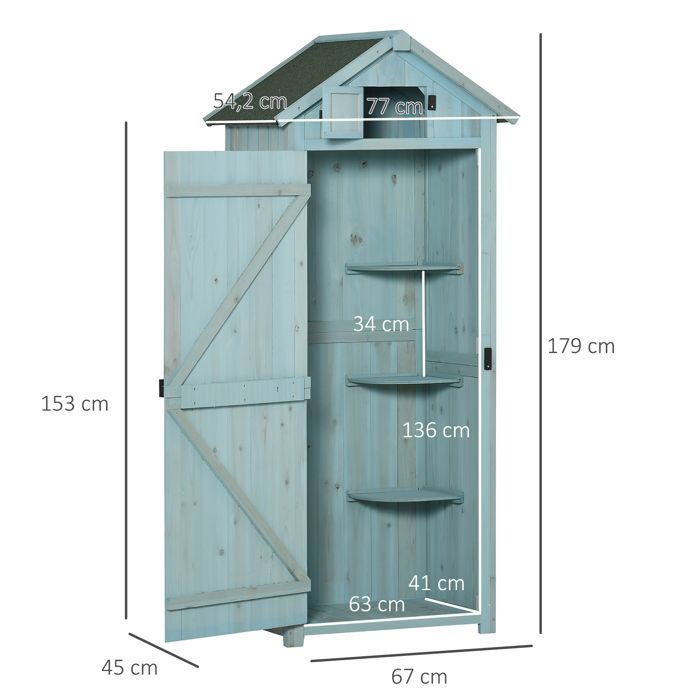 Armoire de jardin - Outsunny - abri outils 3 étagères 2 portes toit bitumé stockage extérieur - bois - 77x54x179cm - bleu