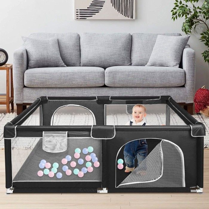 Parque infantil de 160x120 cm - MIPAN - Parque de actividades para niños con base - Plegable - Parque XL para niños pequeños con puerta con cremallera - Negro