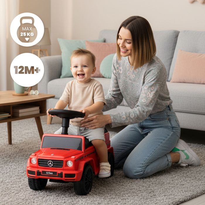Porteur enfant voiture Mercedes Benz 350D - 12 à 36 mois - volant avec son - faux roue secours - compartiment rangement - Rouge
