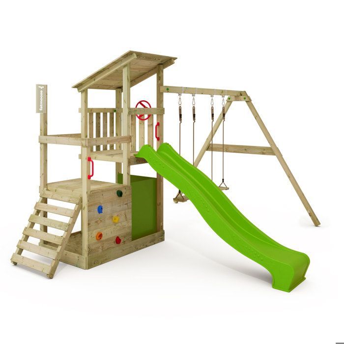Aire de jeux en bois FruityForest avec balançoire et toboggan vert pomme