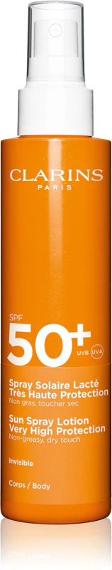 Protetor solar em spray Clarins Sun Care para o corpo e rosto.