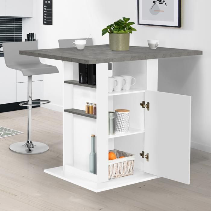 Isla central IDMARKET UGO de 110 cm con encimera de hormigón y blanca y espacio de almacenamiento.