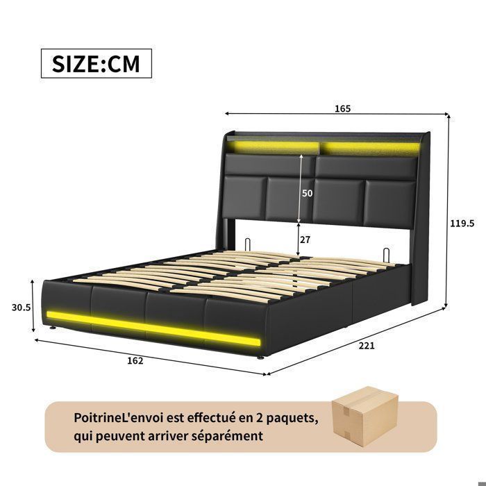 Set completo per camera da letto per adulti, base letto 160x200, letto matrimoniale, letto contenitore 160x200, letto a LED 160x200, testiera imbottita con illuminazione a LED, similpelle PU, nero