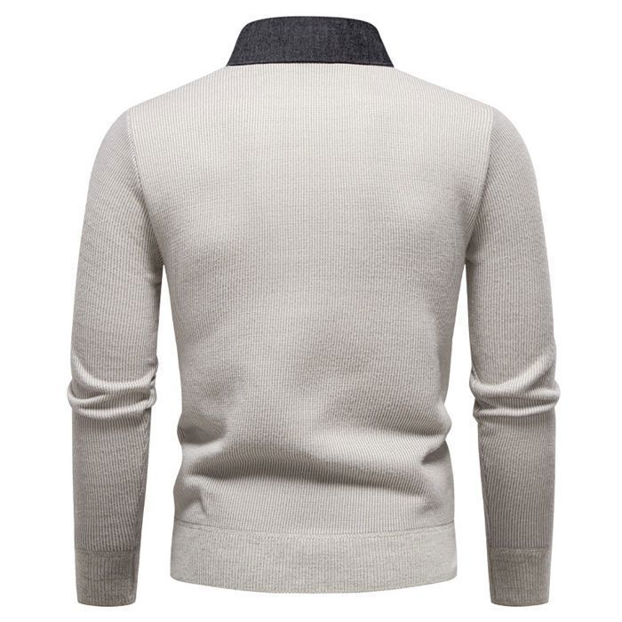 Maglione da uomo lavorato a maglia con colletto foderato in pile, caldo pullover a maniche lunghe, colore a contrasto - Beige