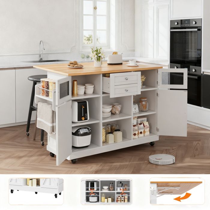Îlot de cuisine - GENERIQUE - 140x70x93.5 cm - Plateau extensible - Roues 360° (2 freins) - Rangements intégrés