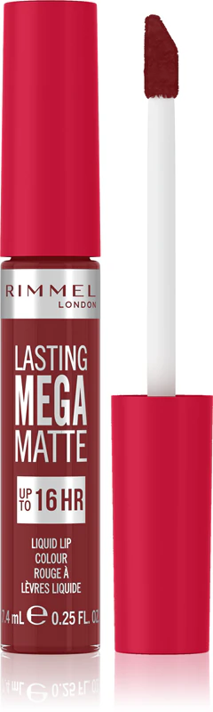 Batom líquido matte leve Rimmel Lasting Mega Matte com duração de 16 horas.