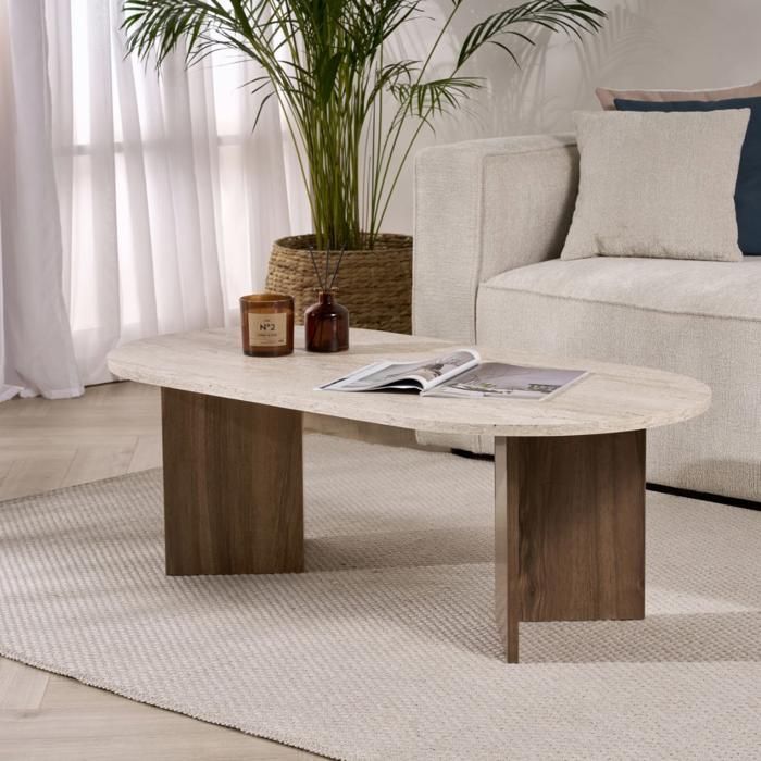 CALICOSY - Ovale salontafel L119 cm - IRIS - Travertijn/Walnoot