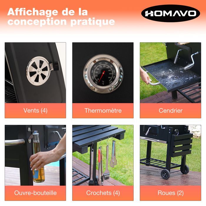 Barbecue a carbone HOMAVO, vassoio per il carbone regolabile in altezza, tavolino laterale pieghevole, termometro e copertura per barbecue inclusi.