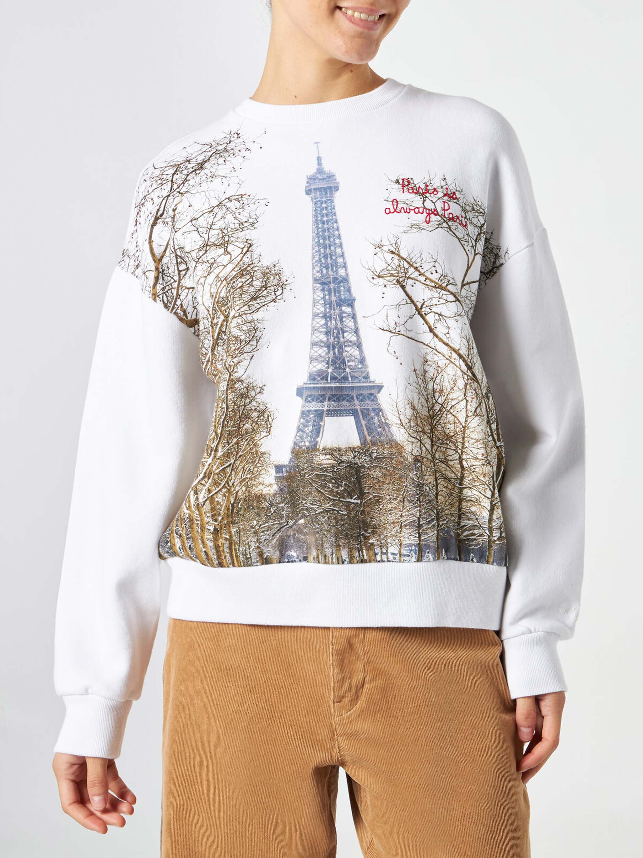 Fleece-Sweatshirt mit Paris-Postkartenmuster für Damen