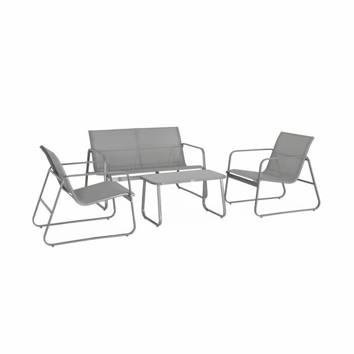 Conjunto de muebles de jardín de metal y textilene para 4 personas. Gris claro. Diseño