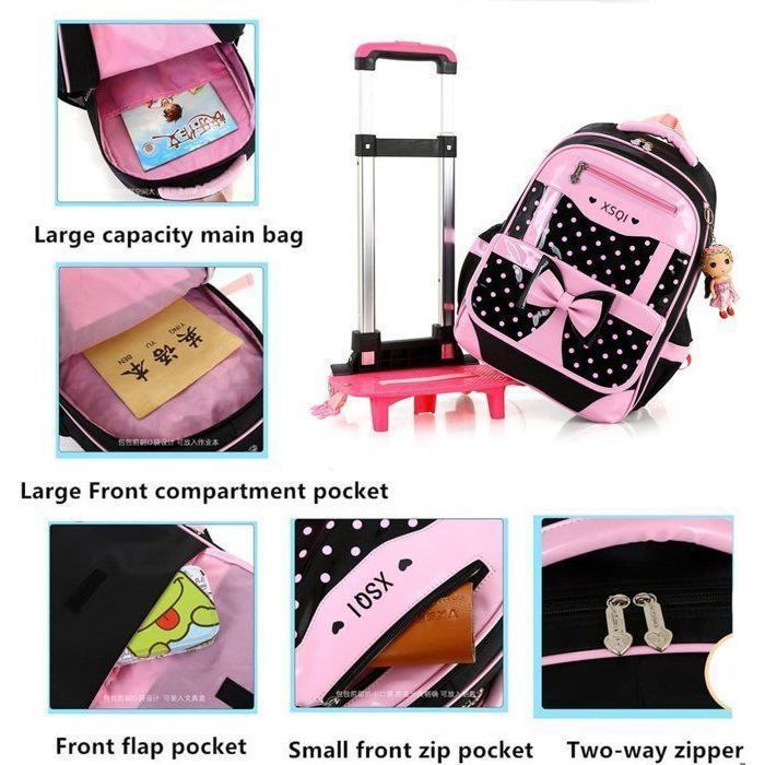 Estuche con ruedas y mochila escolar para niñas - MEGAWISE - Negro y rosa - 2 ruedas - Lazo