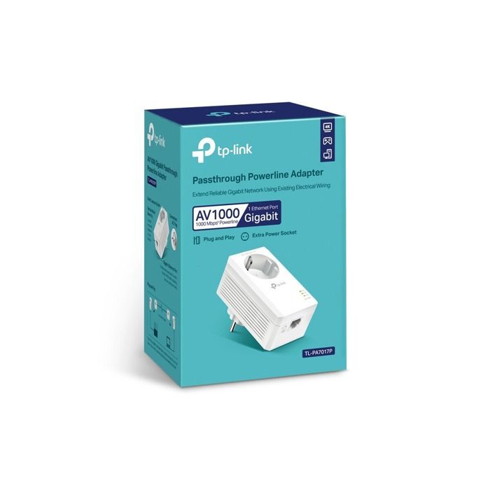 Powerline Adapter - TP-Link - TL-PA7017P - 1000 Mbps - 1 Gigabit Ethernet Port - Integrated Power Outlet