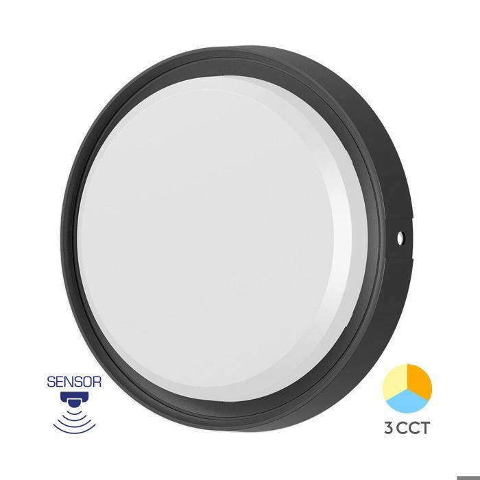 Applique murale ronde LED 18W Noir 3en1 IP65 détecteur