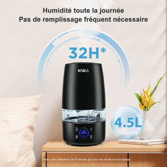 Humidificador ultrasónico KNKA de 4,5 L - Difusor de aceites esenciales - 300 ml/h - Pantalla LED - Filtro cerámico - 28 dB