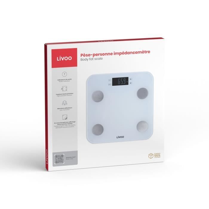 Pèse-personne impédancemètre - LIVOO - DOM427W - 7 indicateurs - Max 180 kg - 13 profils - LCD - Marche et arrêt auto - Blanc