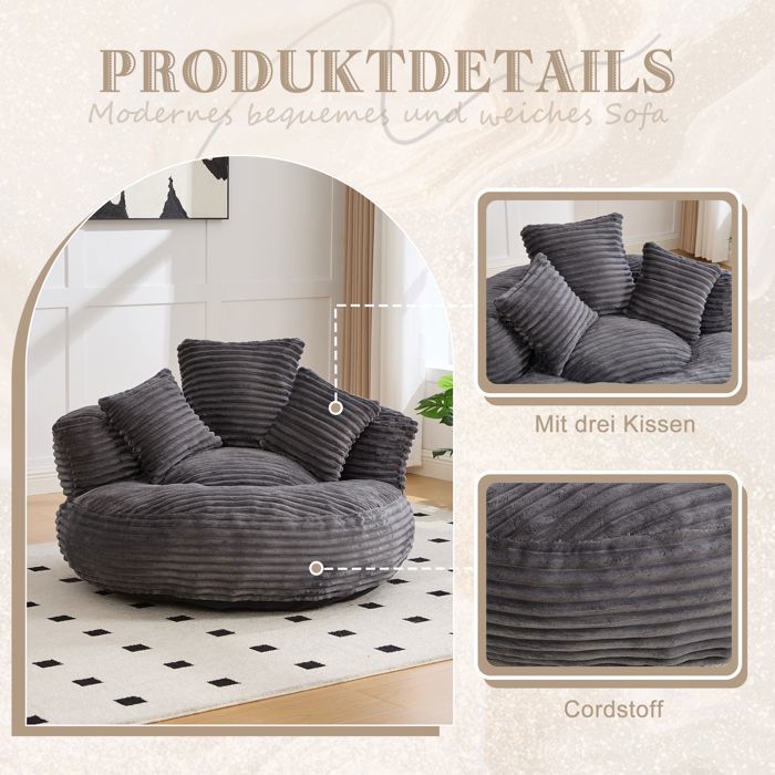 Bequemer Sitzsack mit drei Kissen, 108 x 108 x 52 cm. Gemütliches Sofa für Wohn- oder Schlafzimmer. Sessel. Cord. Dunkelgrau.