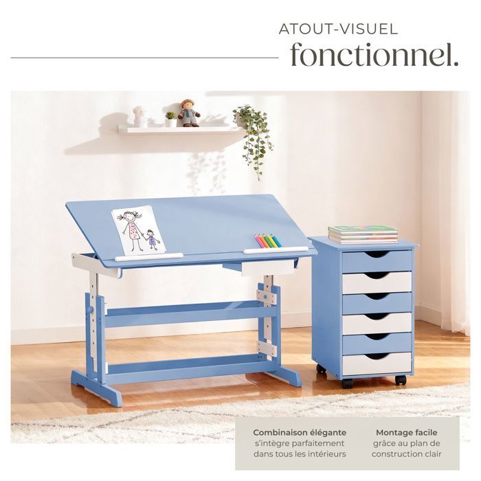 CHILDREN'S DESK - TECTAKE - Height-Adjustable and Tiltable Children's Desk Set and 6-Drawer Rolling Office Pedestal -