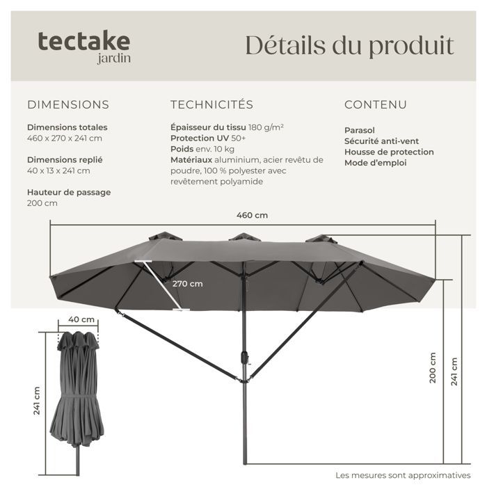 Parasol - TECTAKE - Ombrelle SILIA en aluminium réglable en hauteur 460 x 270 cm avec protection UV - Gris