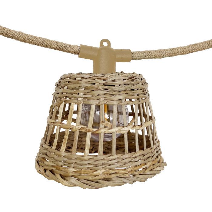 Guirnalda de luces híbridas para exteriores - LUMISKY - SAMOA LIGHT HYBRID - Alimentación solar y eléctrica - 10 pantallas LED de ratán - Blanco cálido - 8 m