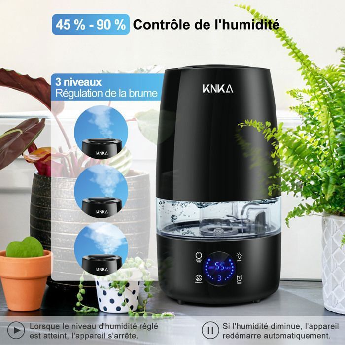 Humidificador ultrasónico KNKA de 4,5 L - Difusor de aceites esenciales - 300 ml/h - Pantalla LED - Filtro cerámico - 28 dB