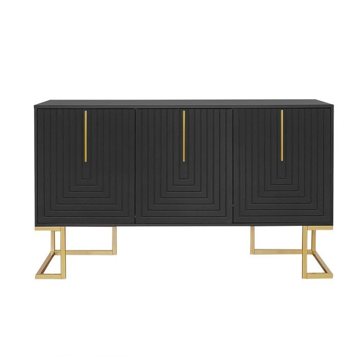 Aparador moderno con estantes ajustables - 3 puertas en forma de U - tiradores y base metálicos - Negro