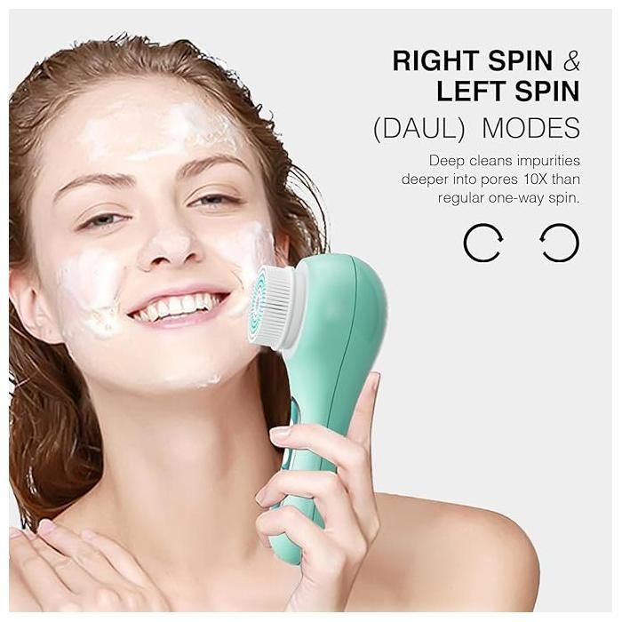 Escova de limpeza facial esfoliante recarregável e à prova d'água, com 5 cabeças para esfoliação e limpeza profunda - Verde